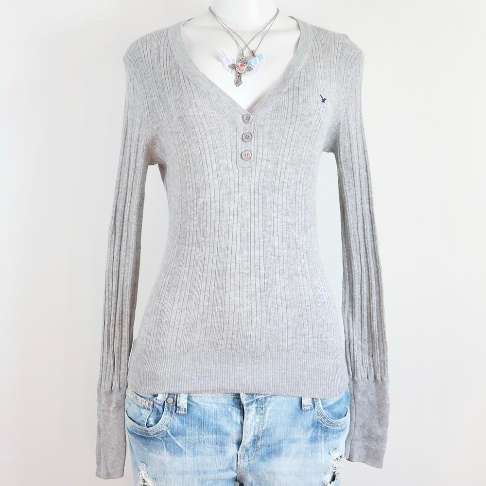 american eagle grey ribbed henley long sleeve top y2k